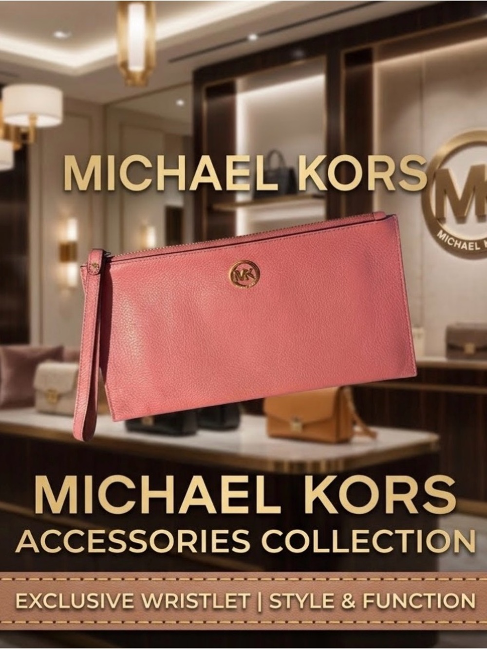 Michael Kors Rose Pink Pebbled Leather Wristlet with Gold Logo EUC